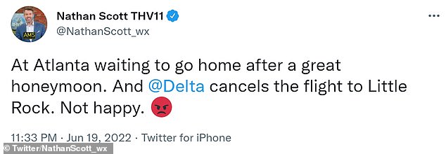 Scott and his new bride were met with a bad ending to their 'great honeymoon' after being trapped at Delta's hub in Atlanta, Georgia on Sunday night