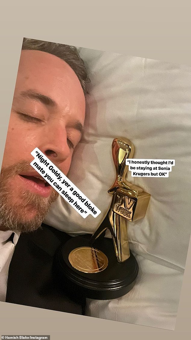 Hamish, 40, then shared a photo of himself in bed with his statuette after returning to his hotel, and captioned it: 'Night goldy, yer a good bloke mate you can sleep here'