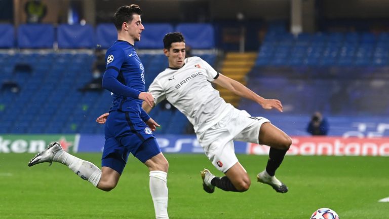 Aguerd playing in the Champions League for Rennes against Chelsea