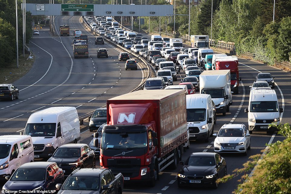 Lengthy traffic queues on the A102M Blackwall Tunnel approach in Greenwich in South East London were pictured today