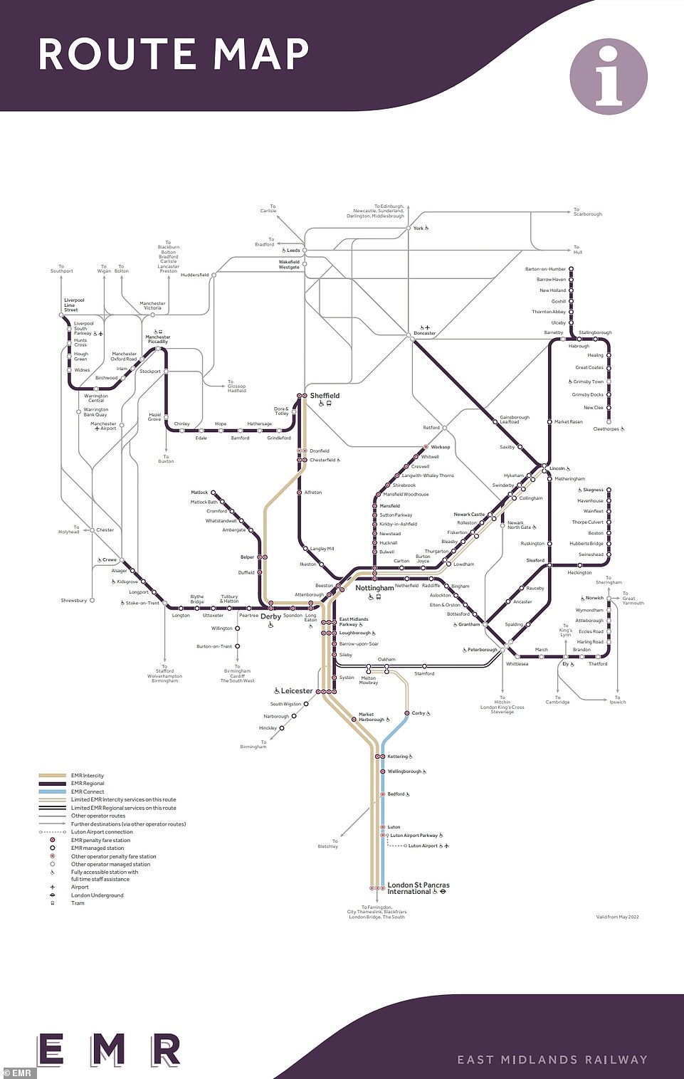 EAST MIDLANDS RAILWAY: The operator will run one train per hour between Nottingham and London, Sheffield and London, Corby and London, Derby and Matlock, Derby and Nottingham, Leicester and Nottingham and Nottingham and Sheffield