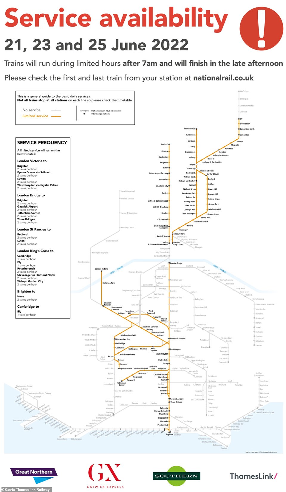 GREAT NORTHERN, GATWICK EXPRESS, SOUTHERN AND THAMESLINK: This map from Govia Thameslink Railway shows the trains expected to operate on its network during strike action next week on June 21, 23 and 25 - a fraction of normal services