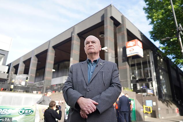 RMT general secretary Mick Lynch on a picket line outside Euston station in London today