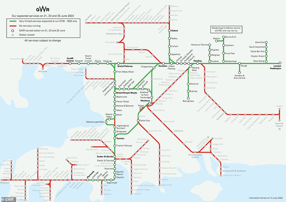 GREAT WESTERN RAILWAY: On strike days, a limited service will operate between 7.30am and 6.30pm on the green routes