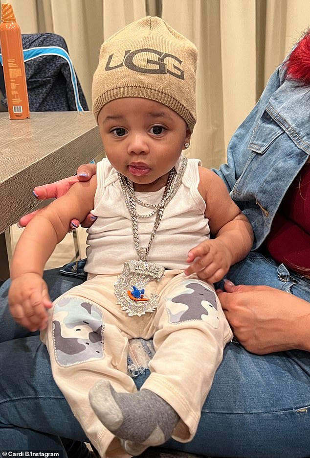 Squeee! Cardi and the Migos rapper's nine-month-old son Wave Set Cephus was not technically pictured at the water park, but he was reportedly there (pictured June 13)