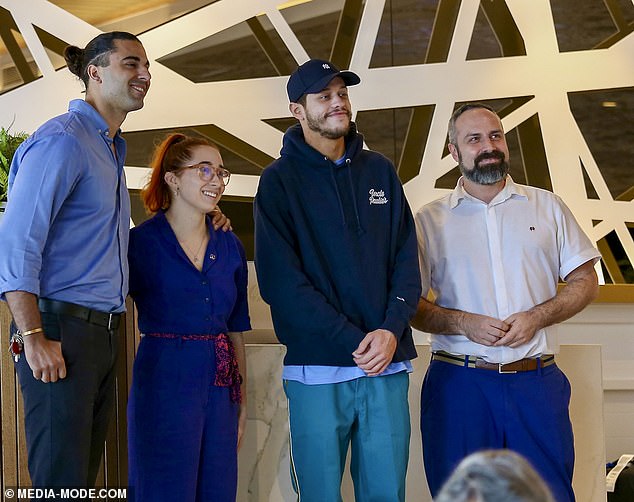 The funnyman - who popularised the term 'Big D**k Energy', or BDE, during his relationship with pop star Ariana Grande - was all smiles as he posed for photos with fans outside the hotel