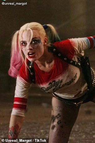 It then cuts to actual footage of Robbie as Harley Quinn in Suicide Squad to highlight the striking similarities