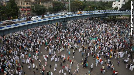 Muslim demonstrators at a protest demanding the arrest of Bharatiya Janata Party (BJP) official Nupur Sharma following her comments about the Prophet Mohammed, in Kolkata on June 10. 