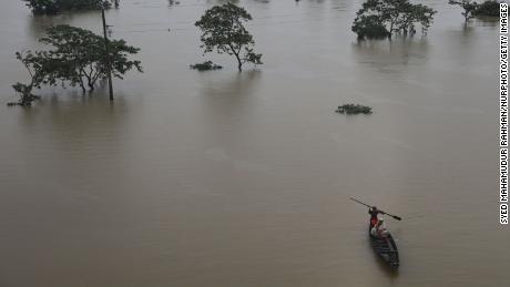 An aerial shot of a flooded area following heavy monsoon rainfalls in Companiganj, Bangladesh on June 20, 2022. 