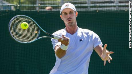 Ritschard plays a forehand during the first round of Wimbledon qualifying.