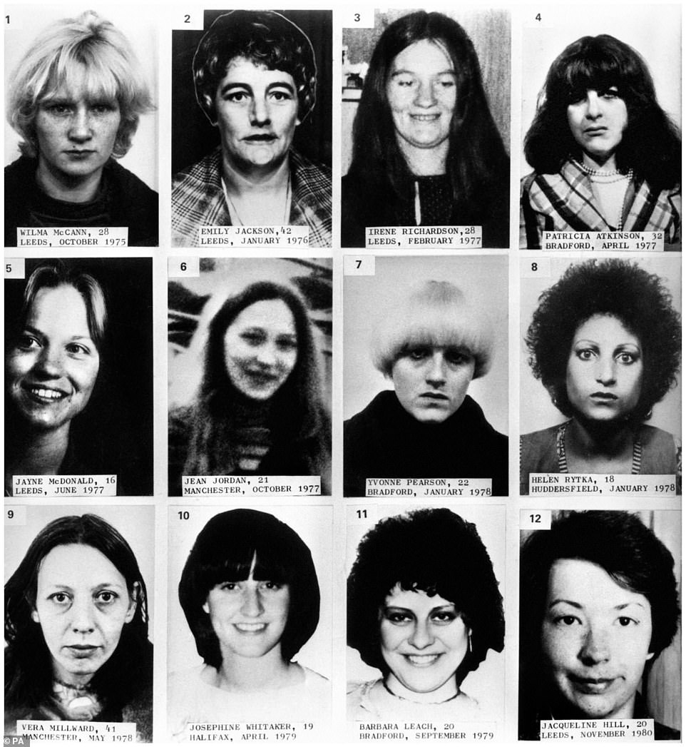 Twelve of Sutcliffe's 13 victims. Top row (left to right): Wilma McCann, Emily Jackson, Irene Richardson and Patricia Atkinson. Middle row: Jayne McDonald, Jean Jordan, Yvonne Pearson and Helen Rytka. Bottom row: Vera Millward, Josephine Whitaker, Barbara Leach and Jacqueline Hill