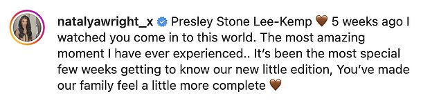 Adorable: On Tuesday evening, Natalya Wright, 21, doted on her newborn nephew Presley as she took to Instagram to share sweet snaps of his first five weeks in the world
