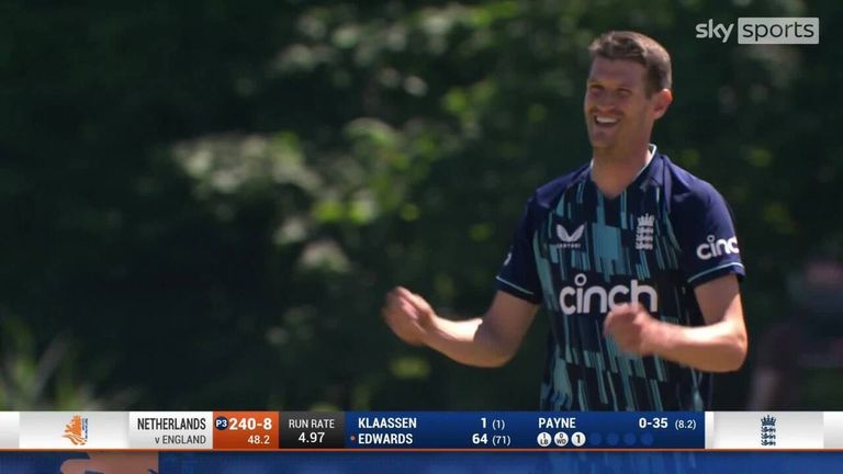 David Payne has his first England ODI wicket, claiming Scott Edwards who departed with 64. 