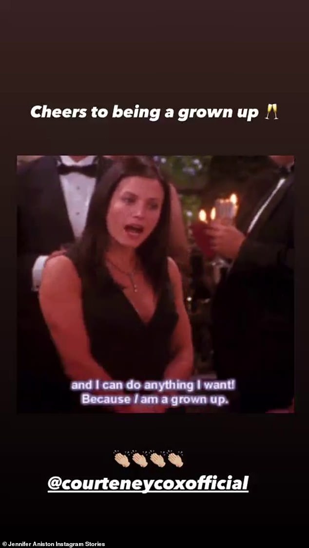 Iconic: Aniston included a clip from Friends in which Monica exclaimed at a formal affair that 'and I can do anything I want! Because I am a grown up,' with Jen writing 'Cheers to being a grown up' followed by a champagne glasses emoji