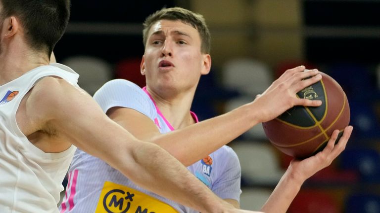 Nikola Jovic of Mega, right, tries to score as Danilo Tasic of FMP tries to stop him during an ABA League match