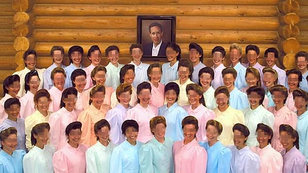 Jeffs' wives pictured next to a photo of him on the wall