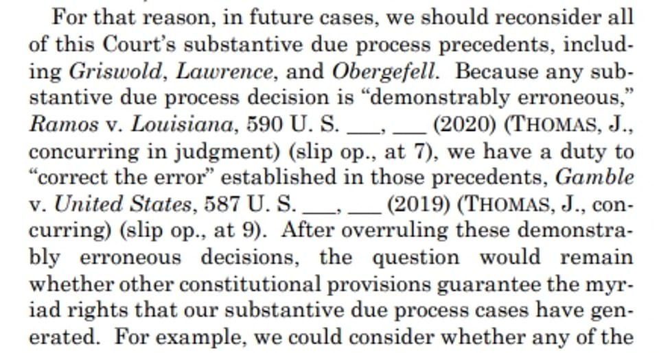 Thomas' argument was entrenched in the belief that since the Constitution’s Due Process Clause was found not to secure a right to an abortion in Friday's ruling, the court should apply that same logic to other landmark cases