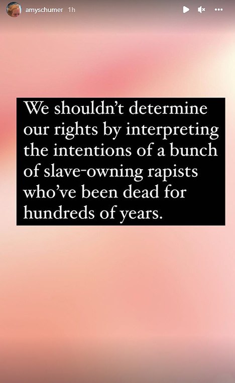 Amy Schumer said that the decision equated to SCOTUS determining women's rights by 'interpreting the intentions of a bunch of slave-owning rapists who've been dead for hundreds of years'