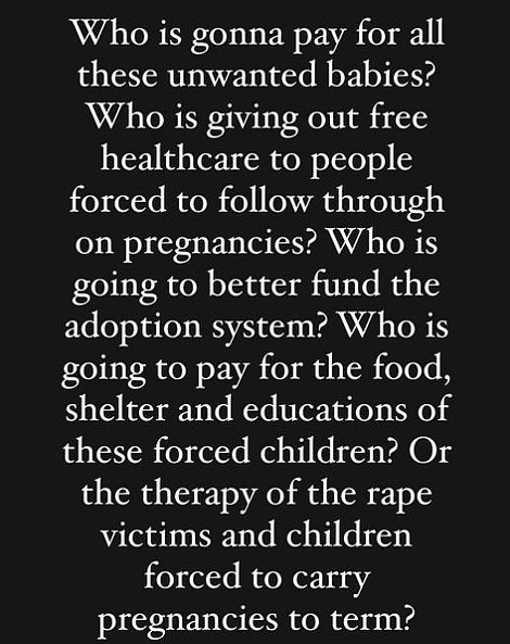 British actress Jameela Jamil - who now lives in the US - raised questions about the economic ramifications of the decision, asking: 'Who is gonna pay for all these unwanted babies?'