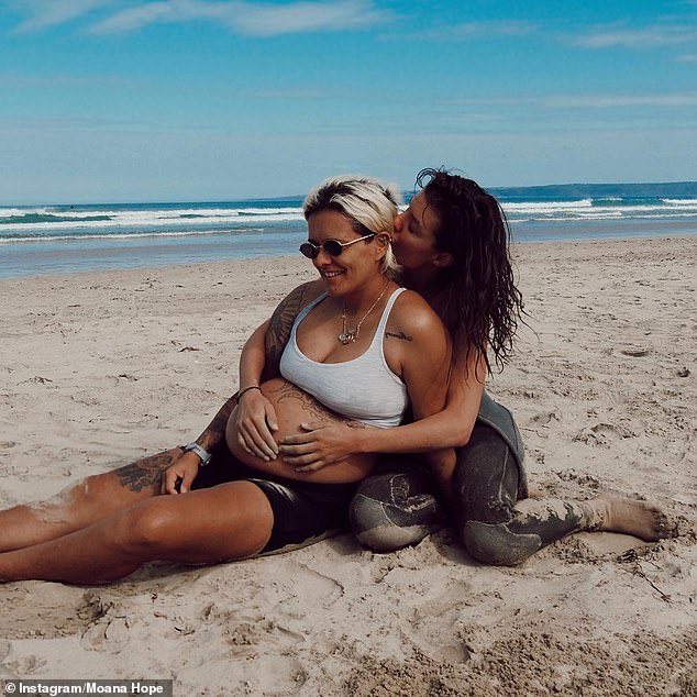 The former AFLW player Moana Hope is married to model Isabella Carlstrom (pictured together)