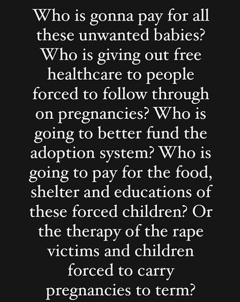 British actress Jameela Jamil - who now lives in the US - raised questions about the economic ramifications of the decision, asking: 'Who is gonna pay for all these unwanted babies?'