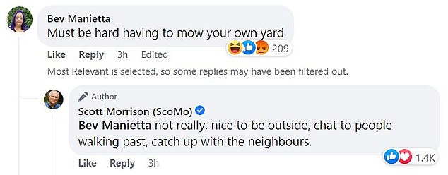 Morrison hit back (pictured) at a woman who left a cheeky comment on his post with his lawnmower