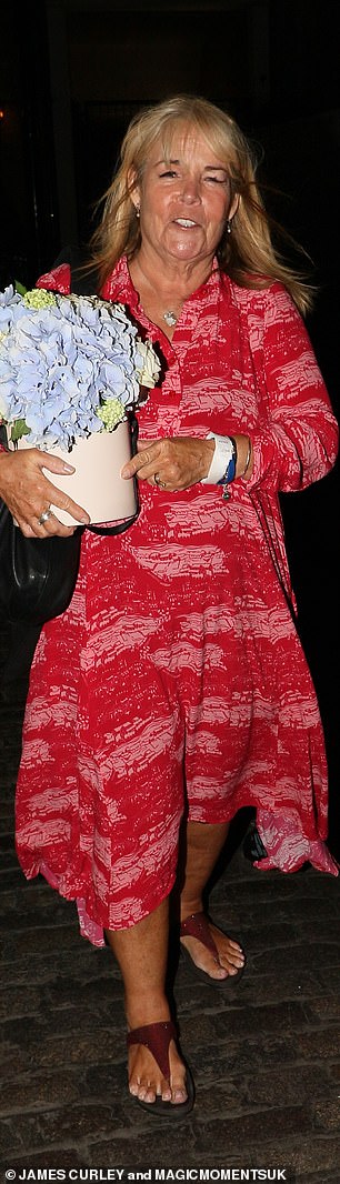 High spirits: Linda (left) sported a flowing pink midi dress and sandals as she made her departure, while Steps' Faye Tozer (right) looked chic in a white suit ensemble