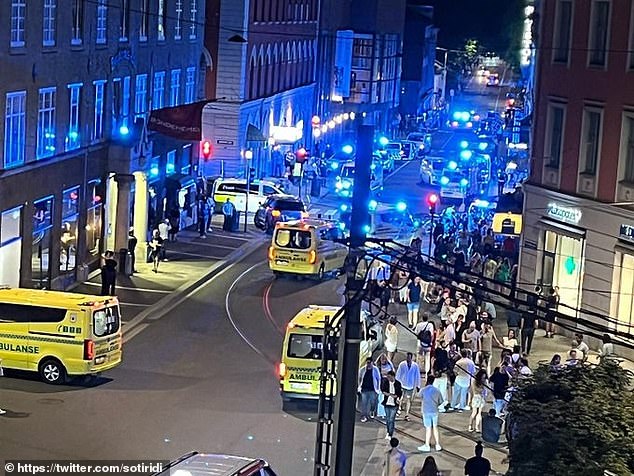 Video on social media shows emergency services outside London Pub, a gay nightclub in Oslo at 1.15am on Saturday morning. Police have arrested a suspect at the scene (pictured)