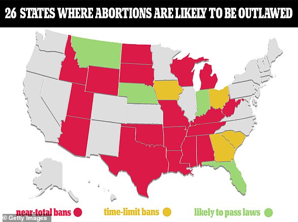 The chart above shows a map of which American states are most and least likely to outlaw abortions