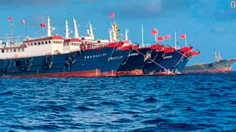 Chinese vessels  moored at Whitsun Reef in the South China Sea in 2021.