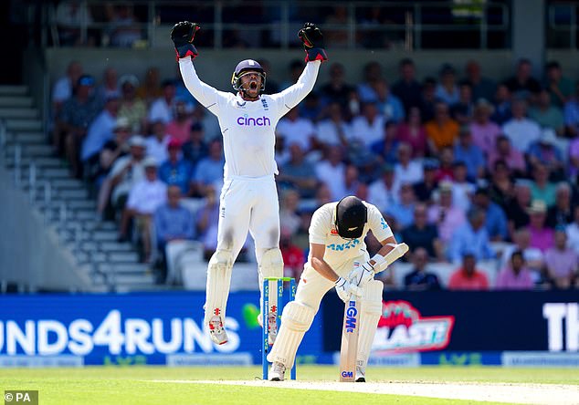 Foakes celebrates as New Zealand's Will Young is caught out during day of the Test series