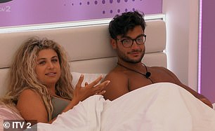 Under the covers: Earlier in the episode, the girls were seen grouped together on the beds inside the villa as they discussed their first night's sleeping next to their new partner after the recoupling earlier this week