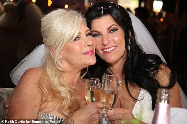 Loved-up: The former Page 3 model, 56, walked down the aisle with her partner over the weekend after they were forced to postpone their 2020 wedding due to the pandemic