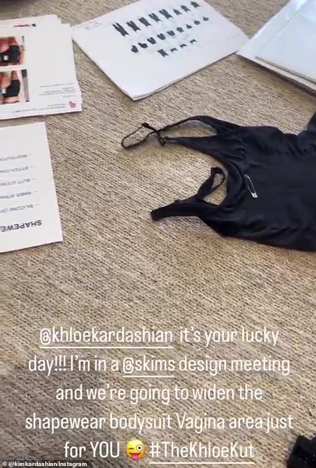 Hashing out the details: Kim took the footage during a SKIMS staff meeting and wrote over it: '@khloekardashian it's your lucky day!!!'