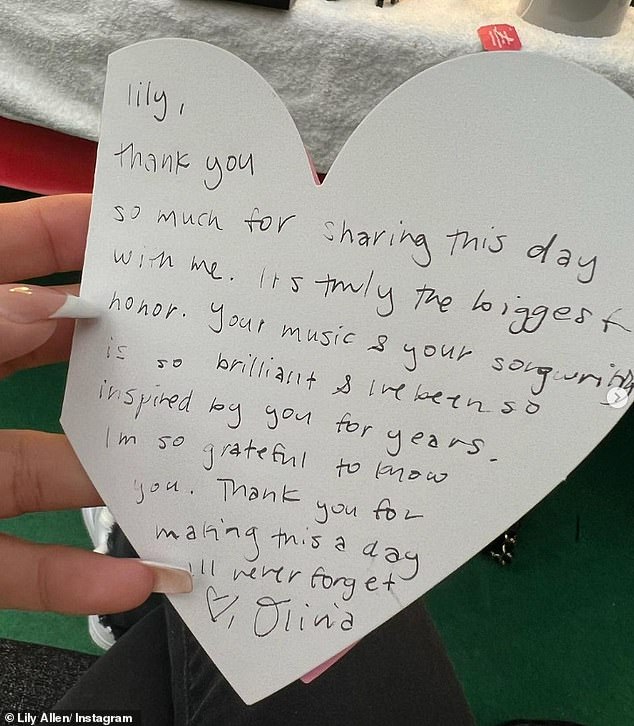 'Grateful': Lily posted a letter Olivia wrote her to thank her for joining her at the festival