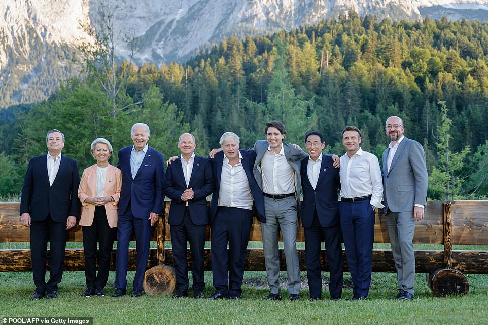 G7 leaders pose during a photocall at Elmau Castle, Bavaria yesterday. Left to right: Italian PM Mario Draghi, EU Commission President Ursula von der Leyen, US President Biden, Germany Chancellor Olaf Scholz, British PM Boris Johnson, Canadian premier Justin Trudeau, Japanese PM Fumio Kishida, French President Macron, and European Council chief Charles Michel