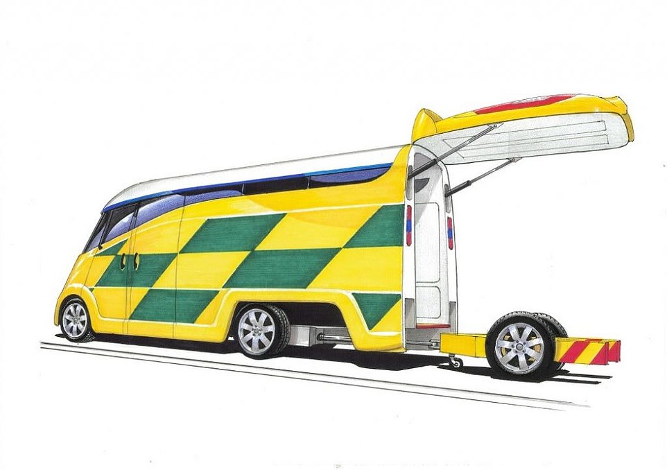 A second battery, carrying an extra 250 miles, is housed in a detachable trailer (pictured) that can be switched over within four minutes, allowing ambulances to stay on the road for a whole 12-hour shift