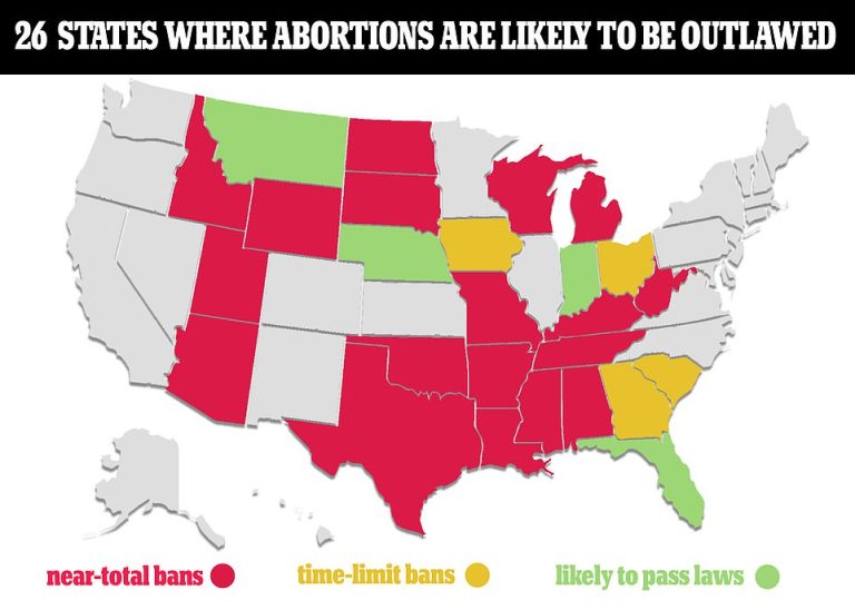 18 states where abortion was outlawed as soon as Roe v. Wade was overturned