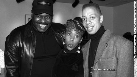 Frankie Knuckles (aka Francis Warren Nicholls, Jr.), Boogie Down Productions rapper Harmony and producer David Cole (David Byron Cole) of C+ C Music Factory attend a party on November 10, 1991 in New York City. 