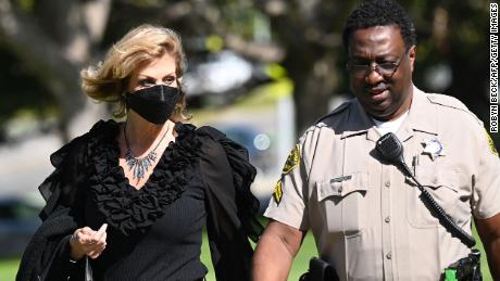 Judy Huth (left) arrives outside the courthouse for the start of her civil trial against actor Bill Cosby, on June 1, 2022 at Los Angeles Superior Court in Santa Monica, California.