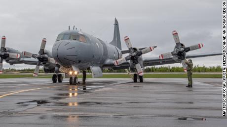 A Royal Canadian Air Force CP-140 Aurora arrives at Goose Bay, Newfoundland and Labrador, in 2021.