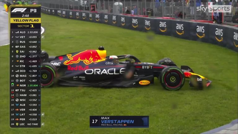 World champion Max Verstappen spins as he goes into turn two but manages to keep his Red Bull out of the barrier brilliantly.