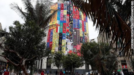 The Truth Commission building in Bogota is covered by 540 meters of cloth, woven by men and women belonging to the Seamstresses of Memory.