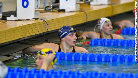 Lia Thomas reacts after swimming the 100 Freestyle prelims at the NCAA Swimming and Diving Championships on March 19, 2022.