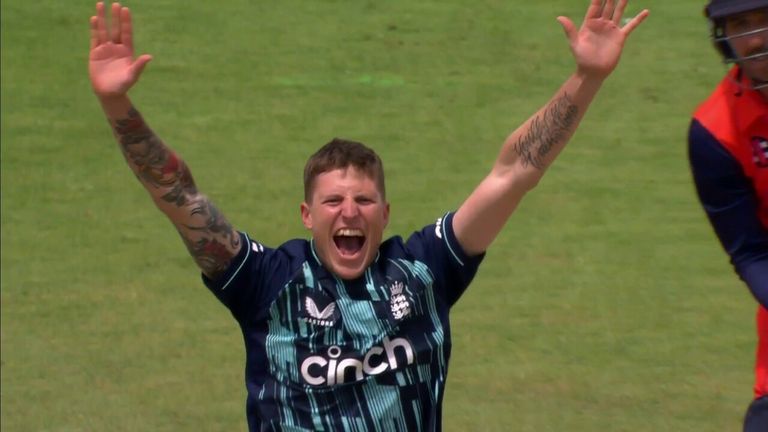 England seamer Brydon Carse struck with just his second ball in the second ODI against the Netherlands, trapping Tom Cooper lbw.