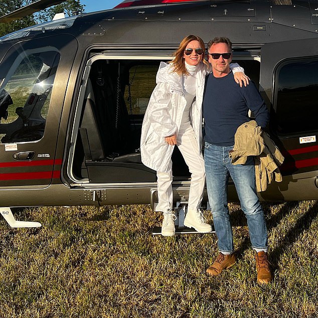 Geri and Christian Horner travel to Glastonbury Festival in style as they arrive by chopper