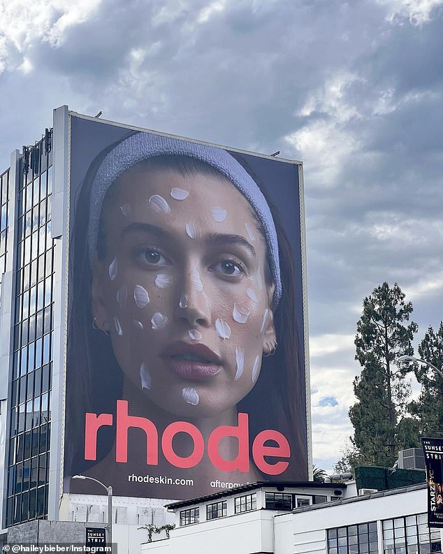 Hailey Bieber gushes over massive billboard for her new Rhode skincare line in Hollywood