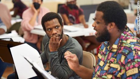 Cast members Antwayn Hopper (left) and Tony nominee Jaquel Spivey rehearse. Hopper plays Thought #6, who frequently stands in for Usher&#39;s parents, and Spivey plays Usher in his Broadway debut.