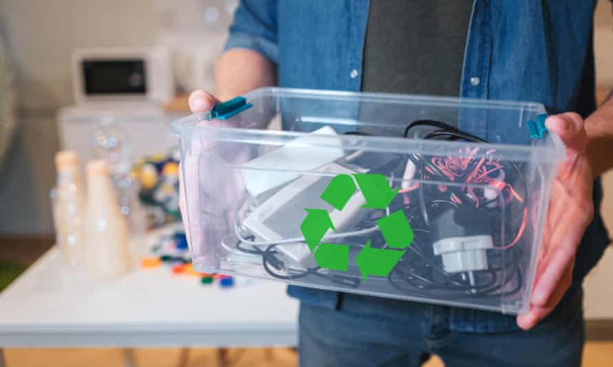 An electronic waste in recycling container close-up.