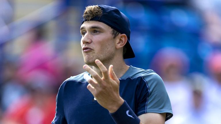 Jack Draper in action in Eastbourne against Maxime Cressy